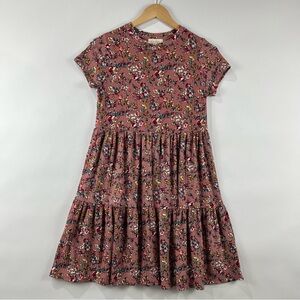 Jessica Simpson Floral Tiered Dress Size M Pink Short Sleeve Ribbed Knit